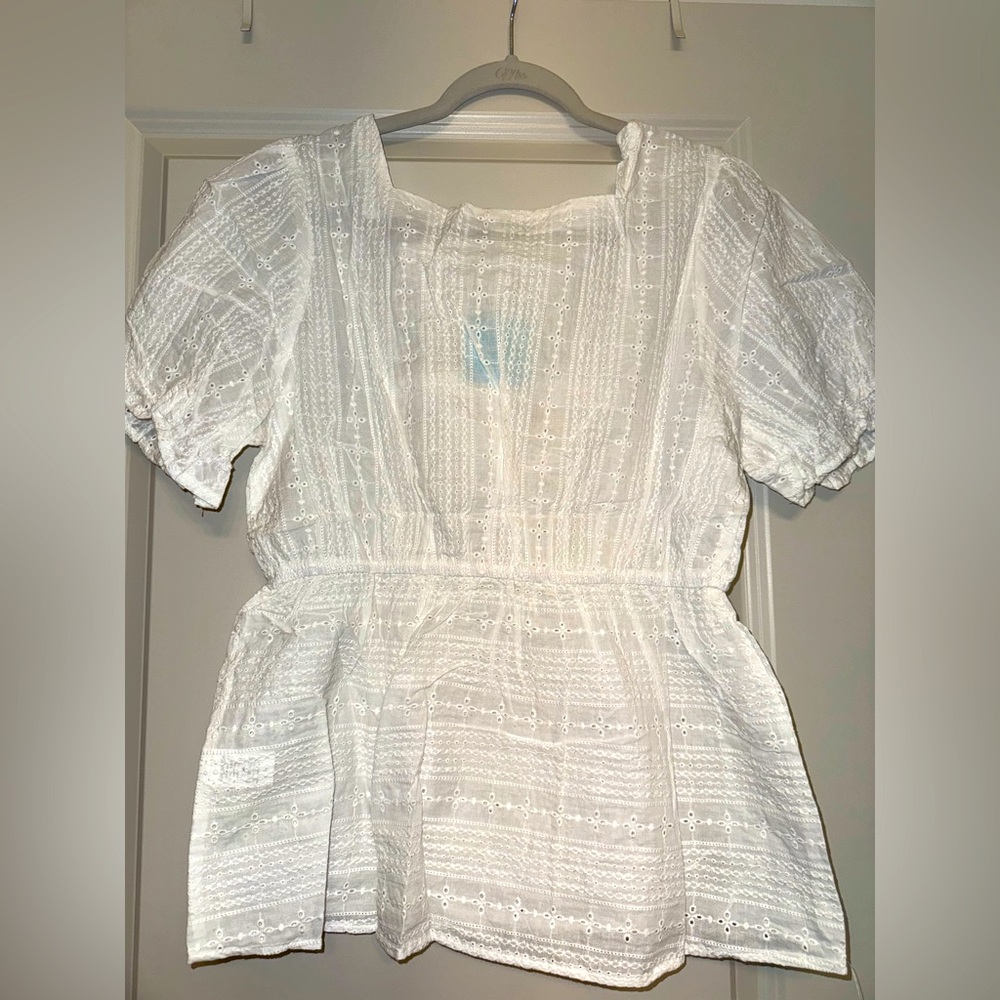 NWT HAYDEN LOS ANGELES 100% Cotton Embroidered Puff Sleeve Ruffle Top Lrg - Picture 4 of 6